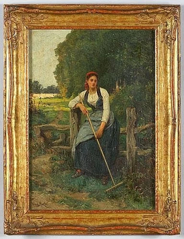 Una donna che riposa su una staccionata con un paesaggio di campagna
